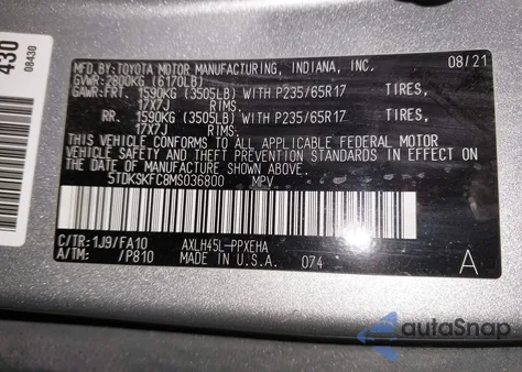 2021 Toyota Sienna Le z USA, uszkodzony, nr VIN 5TDKSKFC8MS036800